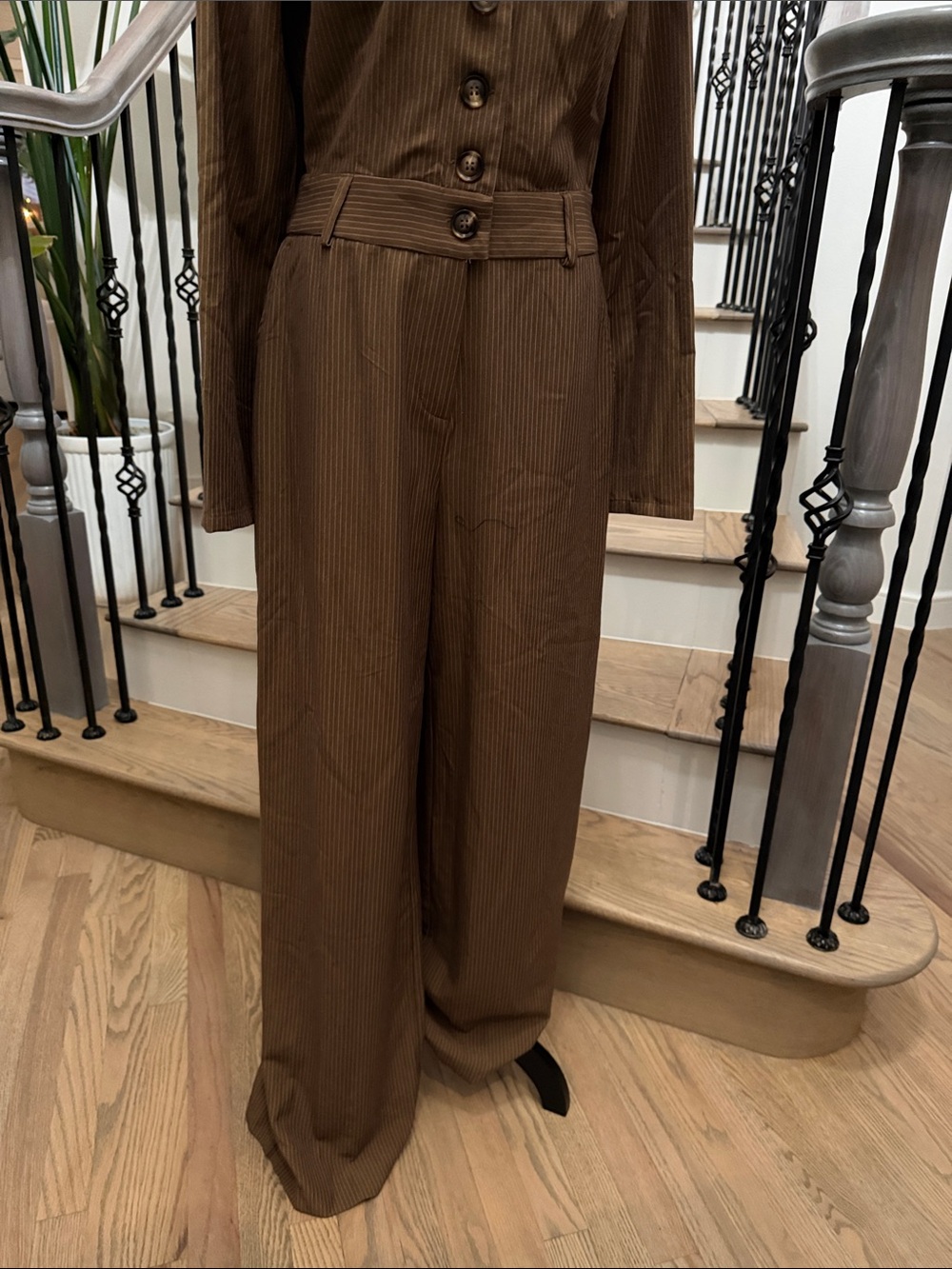 Fashion Nova High-Waist Brown Pinstripe Jumpsuit with Button Front (Medium) - Picture 5 of 6